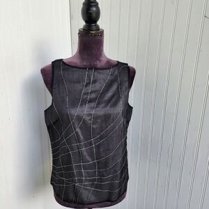 VTG Allyson Taylor 100% Silk Shirt Top Sleveless Button Up Black Beaded Sz 8